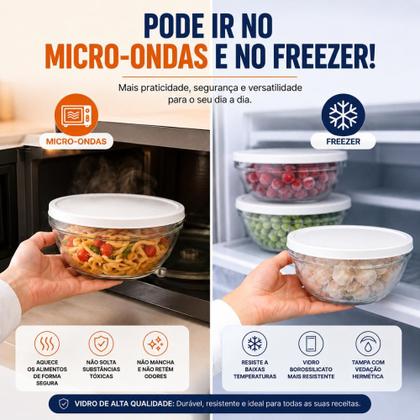 Imagem de Pote De Vidro Transparente Redondo Com Tampa Hermético Kit 5 Peças Marmita Tigela Porta Mantimentos Alimentos Microonda -