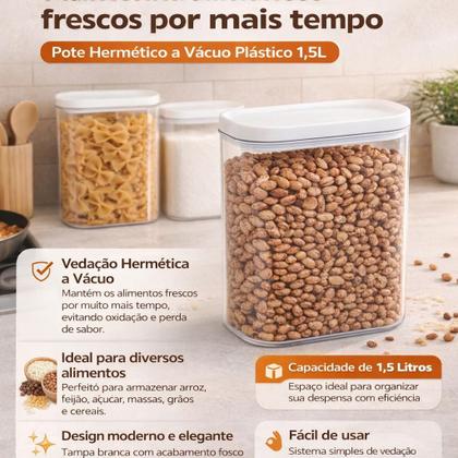 Imagem de Pote Hermético 1,5L Organizador de Alimentos com Vedação a Vácuo Tampa Branca  Pote Plástico para Arroz, Feijão, Açúcar e Grãos cozinha