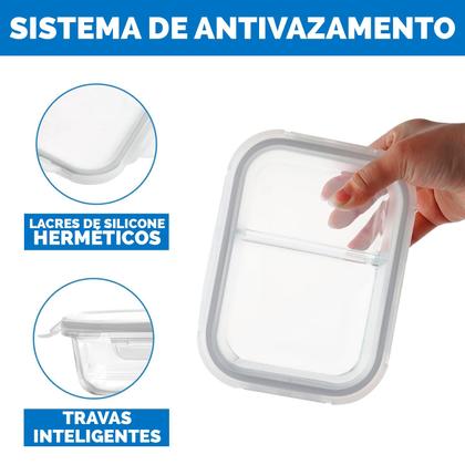 Imagem de Pote Hermetico 640 ml Vasilha Vidro Retangular Marmita Vedação Divisoria  9761 - Mimo Style