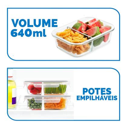 Imagem de Pote Hermetico 640 ml Vasilha Vidro Retangular Marmita Vedação Divisoria  9761 - Mimo Style