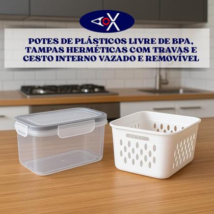 Imagem de Pote Hermético Plástico com Cesto Interno Removível e Tampa Vedação para Geladeira Kit 3 Peças