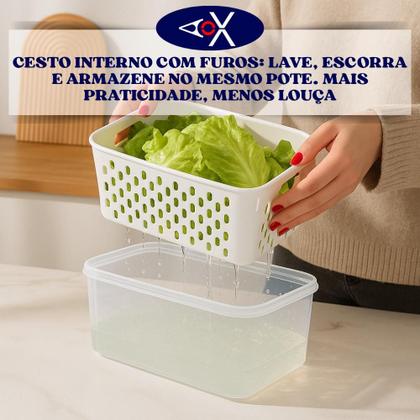 Imagem de Pote Hermético Plástico com Cesto Interno Removível e Tampa Vedação para Geladeira Kit 3 Peças