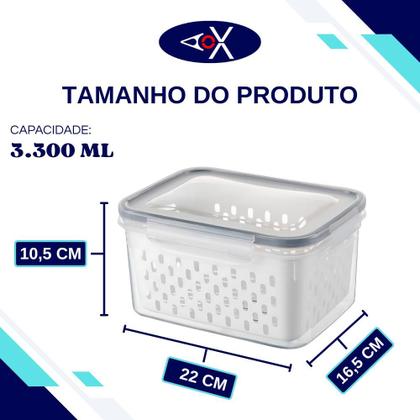 Imagem de Pote Hermético Plástico com Cesto Interno Removível e Tampa Vedação para Geladeira Kit 3 Peças