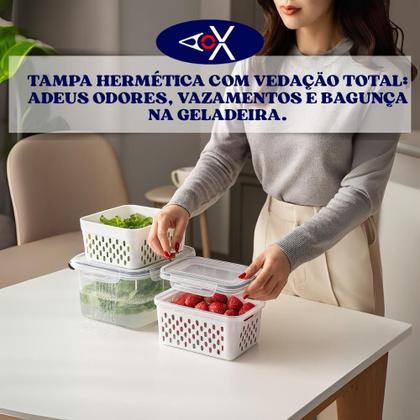 Imagem de Pote Hermético Plástico com Cesto Interno Removível e Tampa Vedação para Geladeira Kit 3 Peças