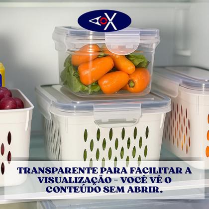 Imagem de Pote Hermético Plástico com Cesto Interno Removível e Tampa Vedação para Geladeira Kit 3 Peças