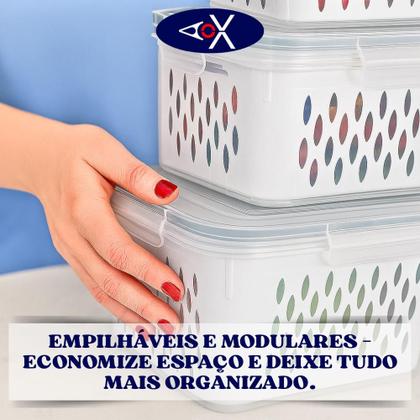 Imagem de Pote Hermético Plástico com Cesto Interno Removível e Tampa Vedação para Geladeira Kit 3 Peças