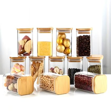 Imagem de Pote Hermético Quadrado de Vidro com Tampa de Bambu 800ML
