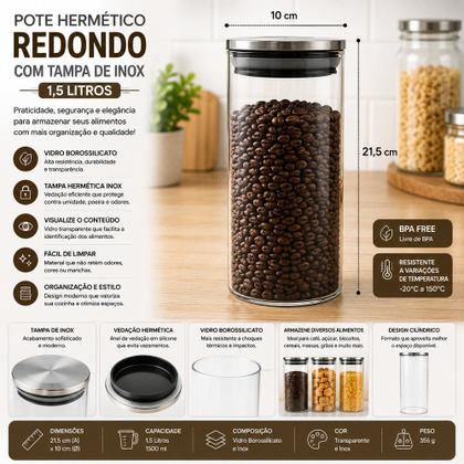 Imagem de Pote Hermético Redondo com Tampa de Inox 1,5 Litros Armazenamento de Alimentos Vedação Hermética Resistente Durável