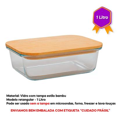 Imagem de Pote Hermético Vidro Refratário Travessa Tampa Bambu 1l Retangular