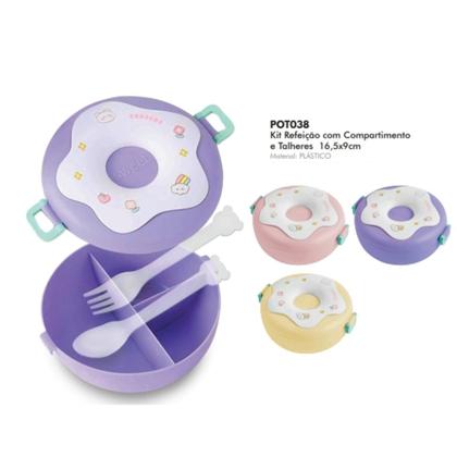 Imagem de Pote Marmita Lancheira Infantil Com Divisória Donuts e Talheres