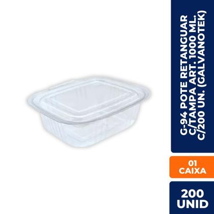 Imagem de Pote Retangular Galvanotek G-94 1000ml C/Tampa Articulada 200 Un Emb. Descartável P/ Marmita, Salada