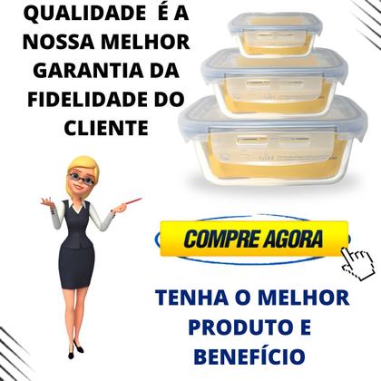 Imagem de Pote vidro hermetica retangular travas marmita kit 3 peças