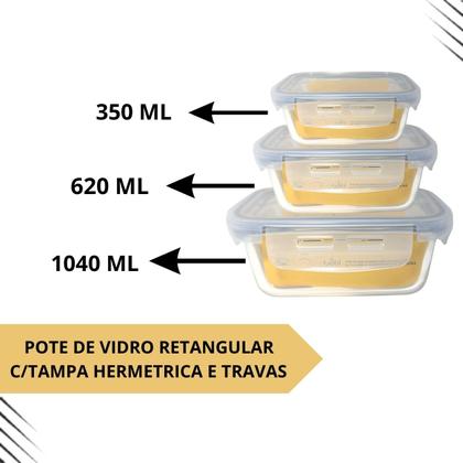 Imagem de Pote vidro hermetica retangular travas marmita kit 3 peças