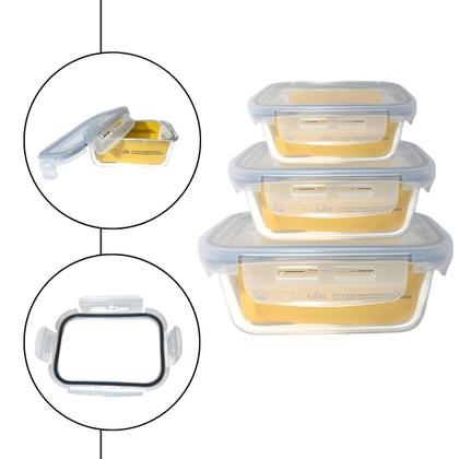 Imagem de Pote vidro hermetica retangular travas marmita kit 3 peças