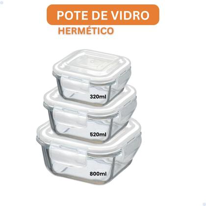 Imagem de Pote Vidro Hermético Quadrado 320 a 800ml Vedação Marmita 3 Unidades