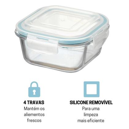 Imagem de Pote Vidro Hermético Quadrado Tampa Conjunto 3 Peças 800ml