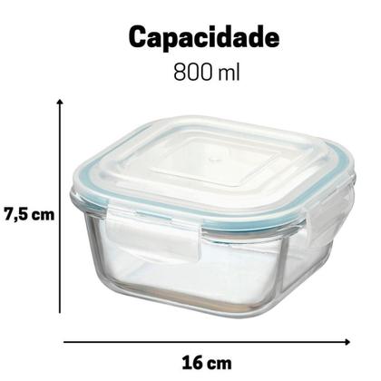 Imagem de Pote Vidro Hermético Quadrado Tampa Conjunto 3 Peças 800ml