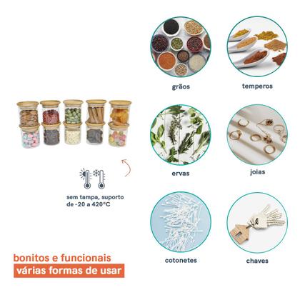 Imagem de Potes de Vidro P/ Mantimentos C/ Tampa Bambu 200ml - 10 Pçs Oikos