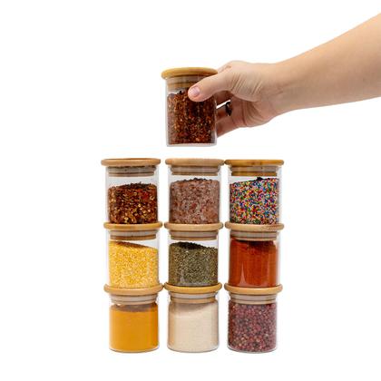 Imagem de Potes de Vidro P/ Mantimentos C/ Tampa Bambu 200ml - 10 Pçs Oikos