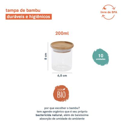 Imagem de Potes de Vidro P/ Mantimentos C/ Tampa Bambu 200ml - 10 Pçs Oikos