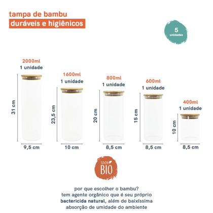 Imagem de Potes de Vidro P/ Mantimentos C/ Tampa Bambu Oikos - 5 Pçs