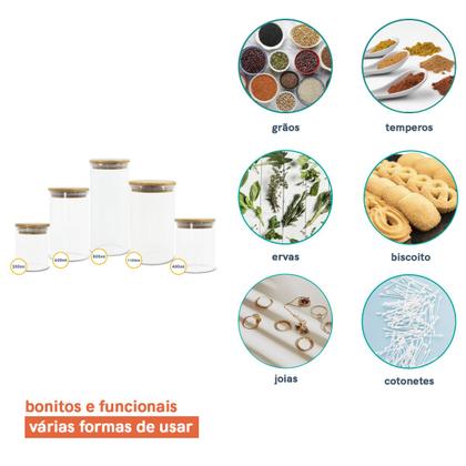 Imagem de Potes de Vidro P/ Mantimentos C/ Tampa Bambu Oikos - 5 Pçs