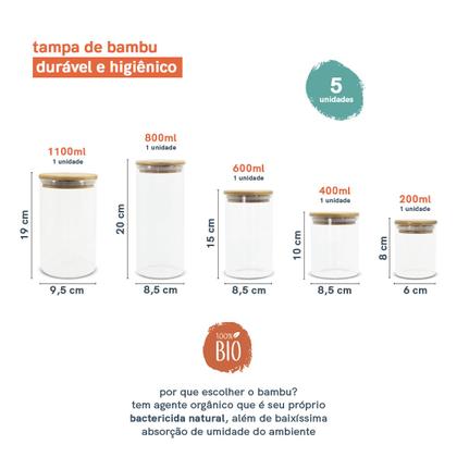 Imagem de Potes de Vidro P/ Mantimentos C/ Tampa Bambu Oikos - 5 Pçs