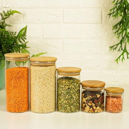 Imagem de Potes de Vidro P/ Mantimentos C/ Tampa Bambu Oikos - 5 Pçs
