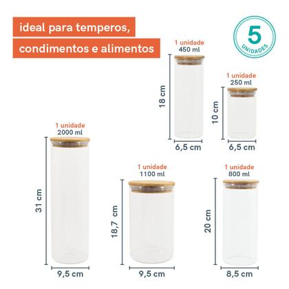 Imagem de Potes de Vidro P/ Mantimentos C/ Tampa Bambu Oikos - 5 Pçs