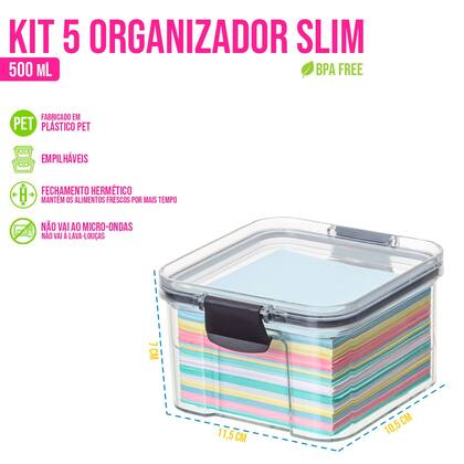 Imagem de Potes Organizadores 500ml Kit C/ 5 Hermético Transparente Multiúso Armário Alimento C/ Tampa Empilhável Quadrado - Plasnorthon