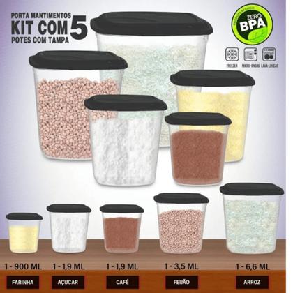 Imagem de Potes Porta Mantimentos Com Tampa Kit 5 Peças Preta Feijão Arroz Macarrão