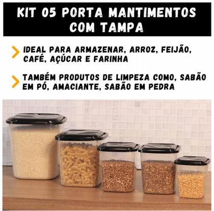 Imagem de Potes Porta Mantimentos Com Tampa Kit 5 Peças Preta Feijão Arroz Macarrão
