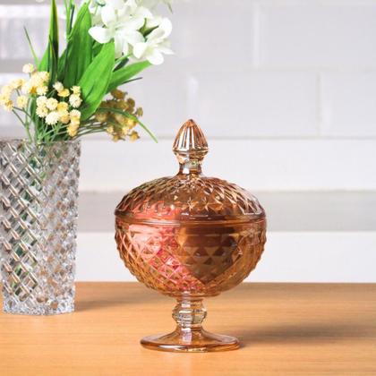 Imagem de Potiche de Vidro C/ Pé Lumiere Âmbar Baleiro Bomboniere 12x18,5cm Resistente