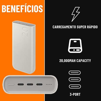 Imagem de Power Bank 20.000mAh Samsung 3 Portas Usb-c Super Rápido 45W Bege 402 Gramas EB-P4520