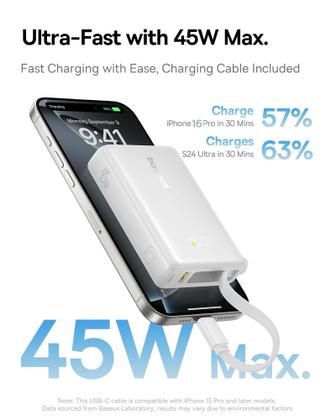 Imagem de Power Bank Baseus Picogo 10000mAh 45W de 3 saídas com cabo USB-C