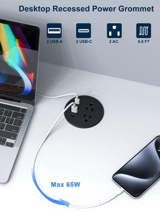 Imagem de Power Grommet YYSKA embutido de 7,62 cm com 2 tomadas AC USB C de 65 W