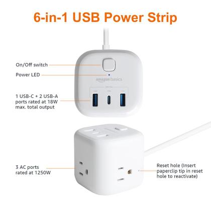 Imagem de Power Strip Amazon Basics Cube 3 Outlet 3 portas USB brancas