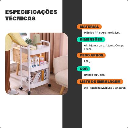 Imagem de Prateleira Carrinho Auxiliar Organizador de Objetos Multiuso 4 Andares com Rodinhas Cozinha Banheiro Sala Escritório