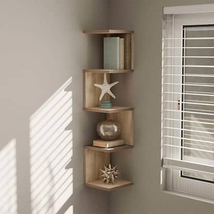 Imagem de Prateleira de Canto Lyra 4 Nichos Decorativos Carvalho para Sala Quarto Livros