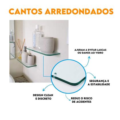 Imagem de Prateleira De Vidro 8mm Borda Arredondada 70x15cm com Suporte