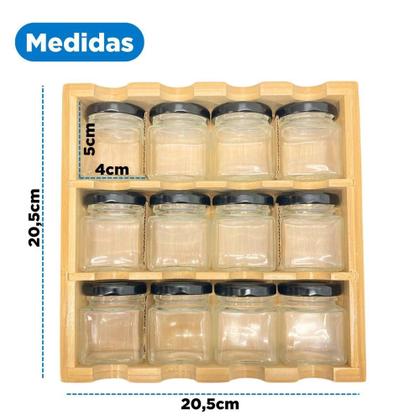 Imagem de Prateleira Especiairias Porta Condimento Tempero Bambu Articulável C/ 12 Potes Vidro Cozinha - Y888