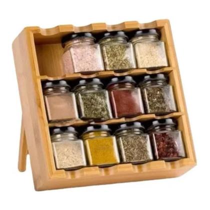 Imagem de Prateleira Especiairias Porta Condimento Tempero Bambu Articulável C/ 12 Potes Vidro Cozinha - Y888