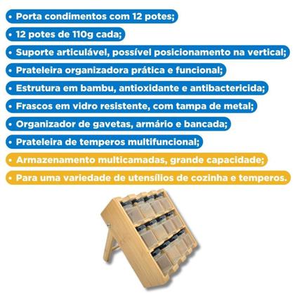 Imagem de Prateleira Especiairias Porta Condimento Tempero Bambu Articulável C/ 12 Potes Vidro Cozinha - Y888