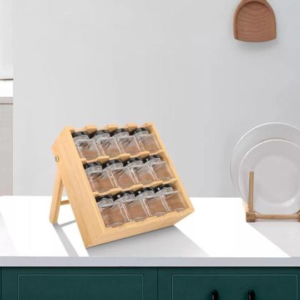 Imagem de Prateleira Especiairias Porta Condimento Tempero Bambu Articulável C/ 12 Potes Vidro Cozinha - Y888