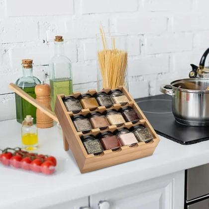 Imagem de Prateleira Especiairias Porta Condimento Tempero Bambu Articulável C/ 12 Potes Vidro Cozinha - Y888