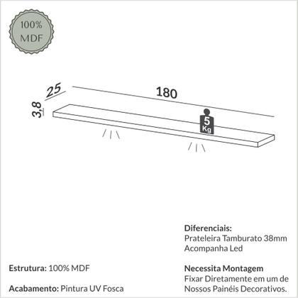Imagem de Prateleira MDF decorativa com luzes LED e suporte invisível 1,80m Freijó Madeirado TB185L Pradel Móveis