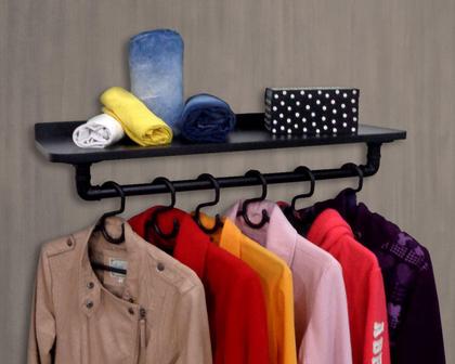 Imagem de Prateleira Suporte Cabideiro de Parede Roupas e Acessórios Estilo Industrial - Preto Laca