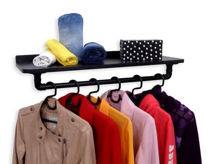 Imagem de Prateleira Suporte Cabideiro de Parede Roupas e Acessórios Estilo Industrial - Preto Laca