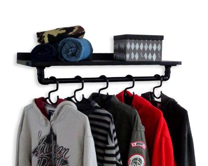 Imagem de Prateleira Suporte Cabideiro de Parede Roupas e Acessórios Estilo Industrial - Preto Laca
