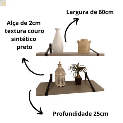 Imagem de Prateleiras Com Alça Preta De Couro 60x25 Mdf Kit C/2 Unidad